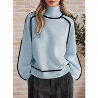 Cozy Cream Turtleneck Sweater with Black Contrast Piping Detail Oversized Knitwear for Stylish Autumn & Winter Outfits