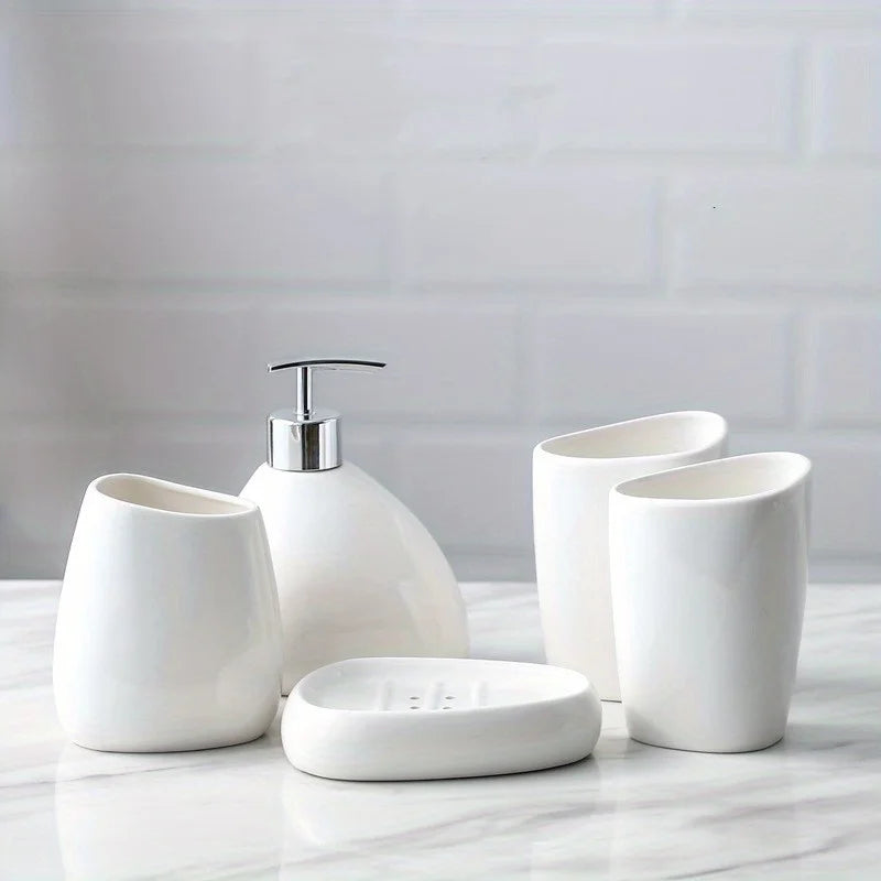Complete Ceramic Bathroom Accessories Set with Soap Dispenser Tumbler Toothbrush Holder and Soap Dish Bathroom Organizer