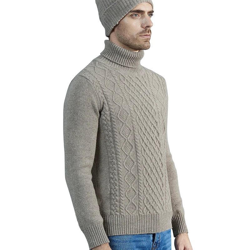 Fashion TurtleNeck Men's Knitted Sweaters Cashmere Sweater 100% Merino Wool Thick Knit Pullover Winter Fall Male Jumper Clothing