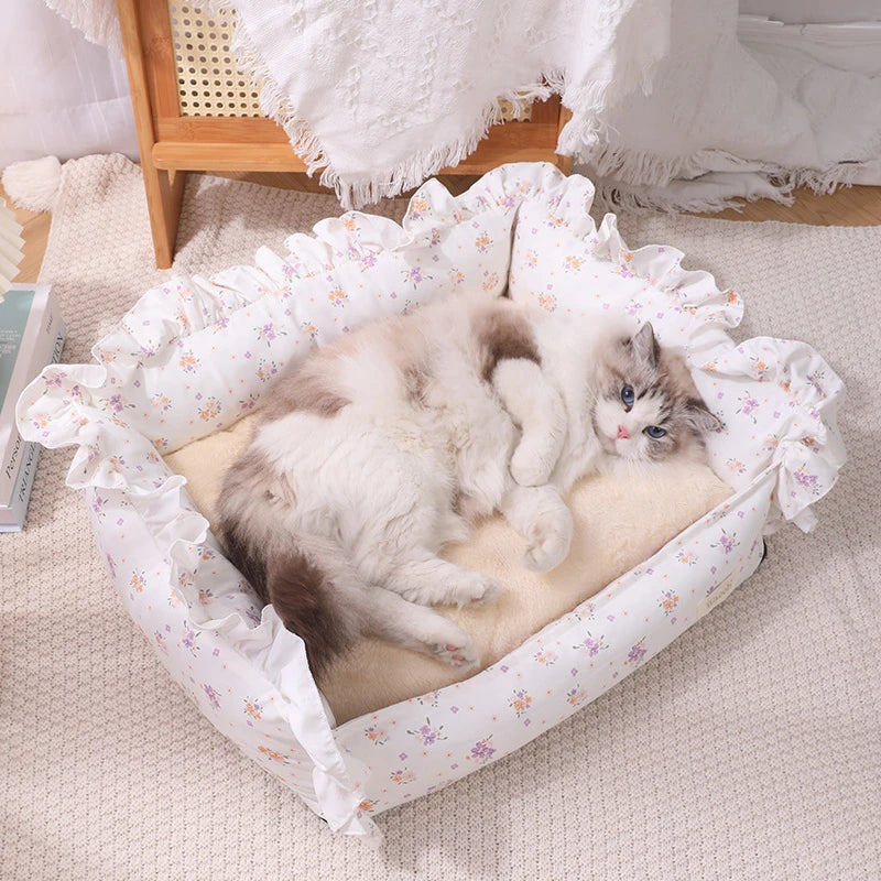 Autumn Winter Korean Style Floral Border Dogs Cat Bed Detachable Washable Warm Cute Pets Mat Four Seasons Universal Pet Supplies