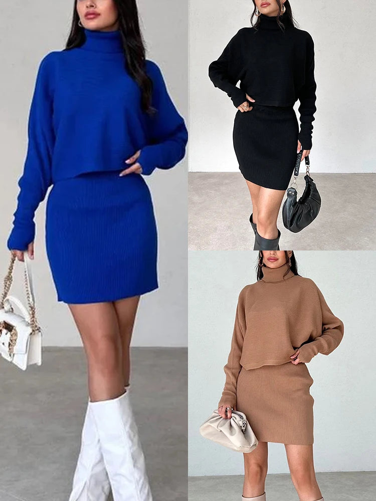 New Women's Turtleneck Sweater Winter Vintage Tight Skirt Set Knitting Korean Elegant Casual Long Sleeve Suit Tops Dress Fashion