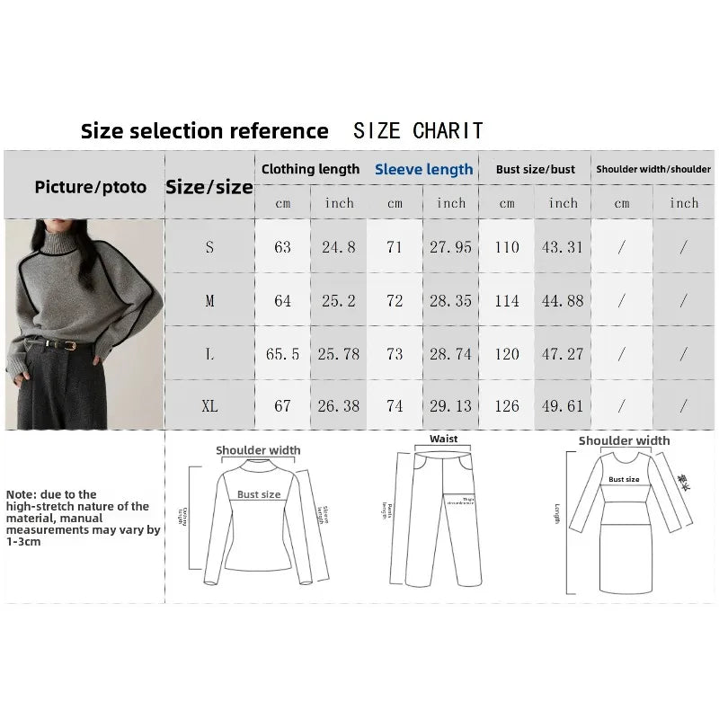 Cozy Cream Turtleneck Sweater with Black Contrast Piping Detail Oversized Knitwear for Stylish Autumn & Winter Outfits