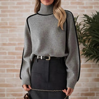 Cozy Cream Turtleneck Sweater with Black Contrast Piping Detail Oversized Knitwear for Stylish Autumn & Winter Outfits