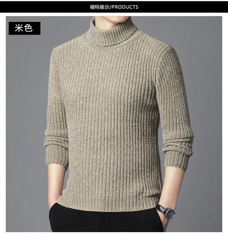 New Casual Men's Turtleneck Sweater in Winter Knitted Trendy High-end Thickened Slim Base Warm
