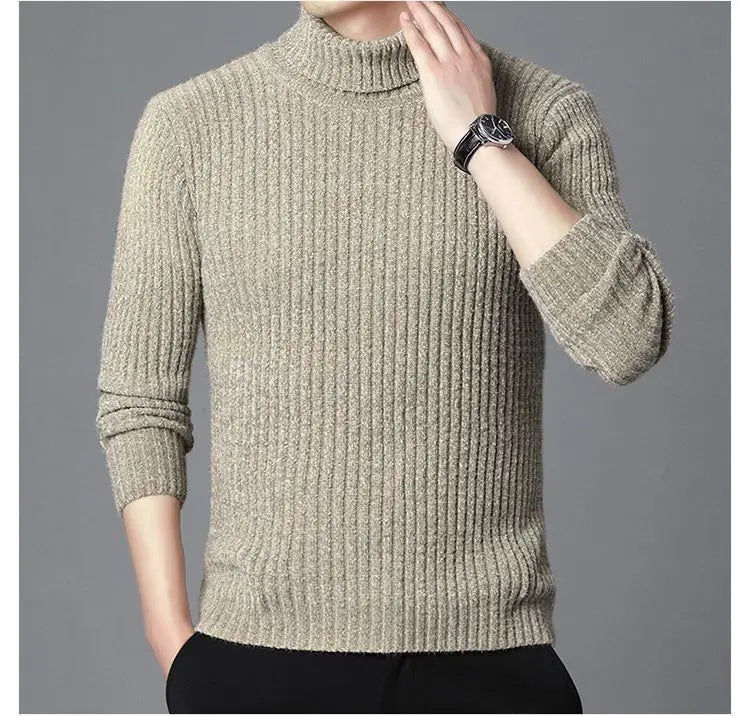New Casual Men's Turtleneck Sweater in Winter Knitted Trendy High-end Thickened Slim Base Warm