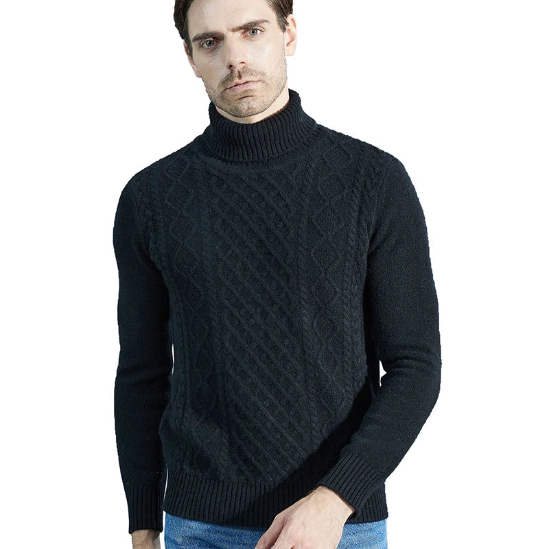 Fashion TurtleNeck Men's Knitted Sweaters Cashmere Sweater 100% Merino Wool Thick Knit Pullover Winter Fall Male Jumper Clothing