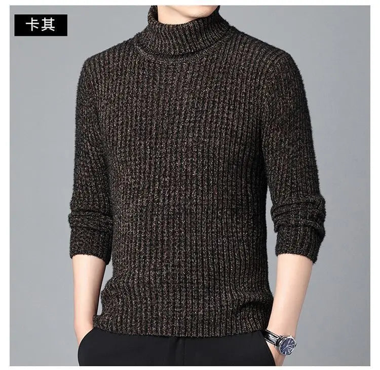 New Casual Men's Turtleneck Sweater in Winter Knitted Trendy High-end Thickened Slim Base Warm