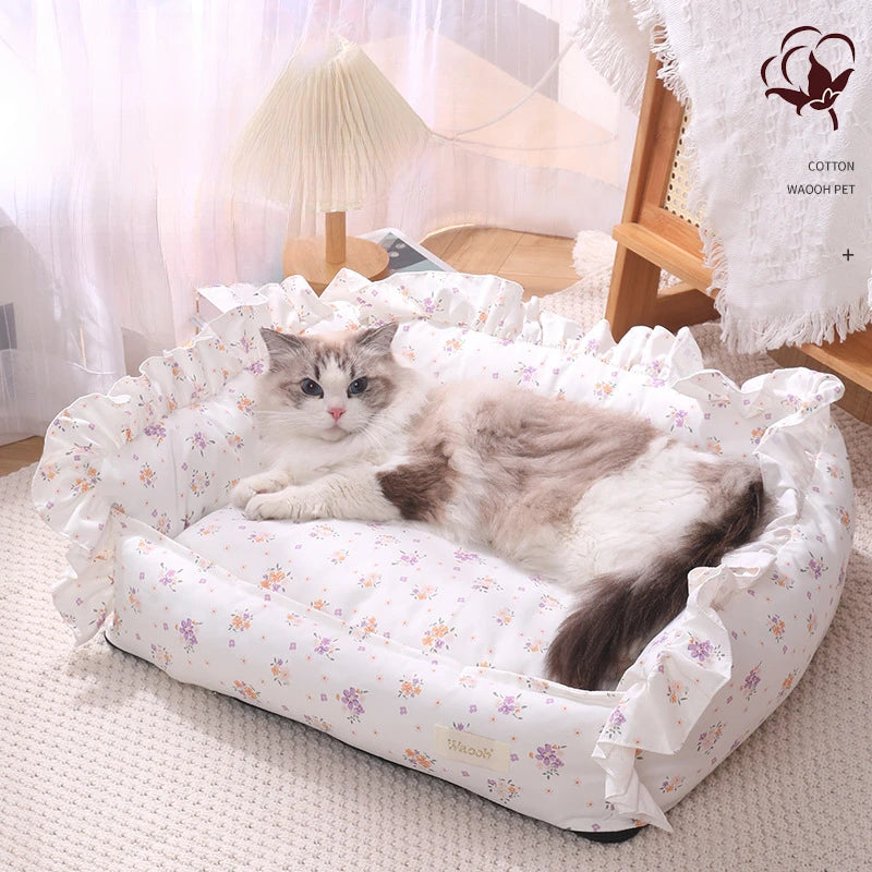 Autumn Winter Korean Style Floral Border Dogs Cat Bed Detachable Washable Warm Cute Pets Mat Four Seasons Universal Pet Supplies