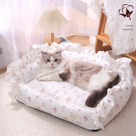 Autumn Winter Korean Style Floral Border Dogs Cat Bed Detachable Washable Warm Cute Pets Mat Four Seasons Universal Pet Supplies
