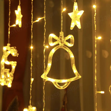 3.5m Christmas Deer Bell Star Lights LED Curtain Garland Fairy String Lights New Year Decoration for Wedding Party 2023 Holiday