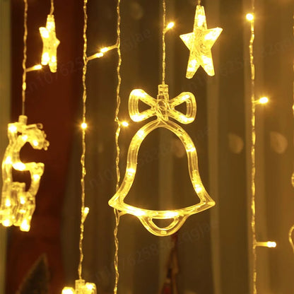 3.5m Christmas Deer Bell Star Lights LED Curtain Garland Fairy String Lights New Year Decoration for Wedding Party 2023 Holiday