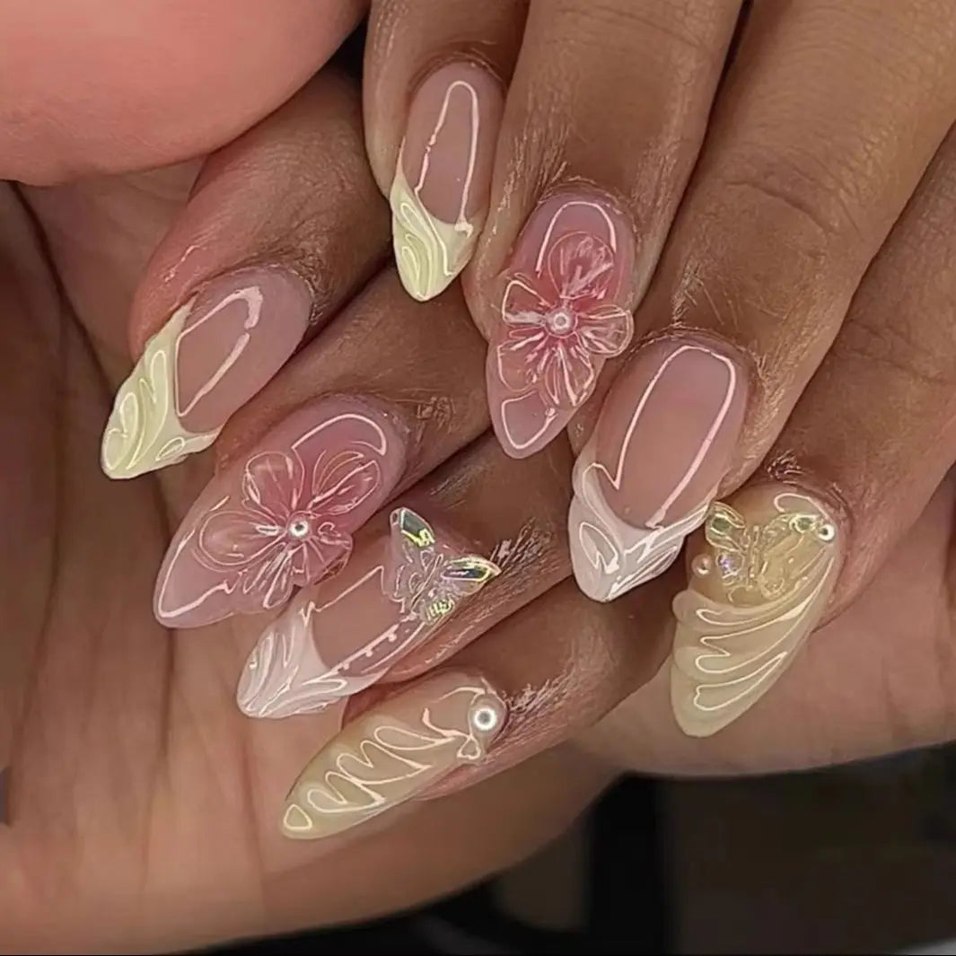 24PCS Glossy Pink Blush Almond Press on False Nails 3D Flower Butterfly Sweet French Fake Nails for Women Wearable Nail Manicure