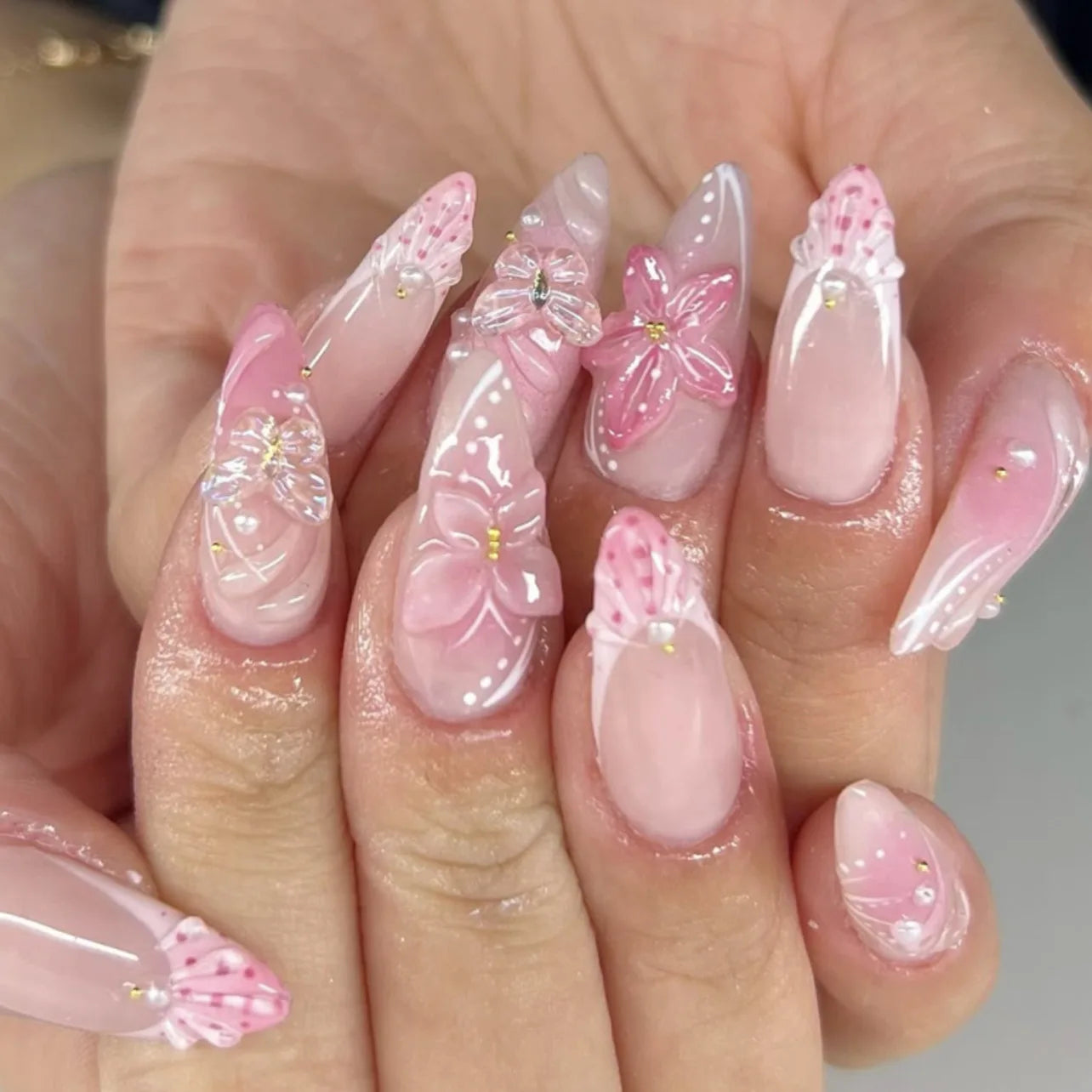 24PCS Glossy Pink Blush Almond Press on False Nails 3D Flower Butterfly Sweet French Fake Nails for Women Wearable Nail Manicure